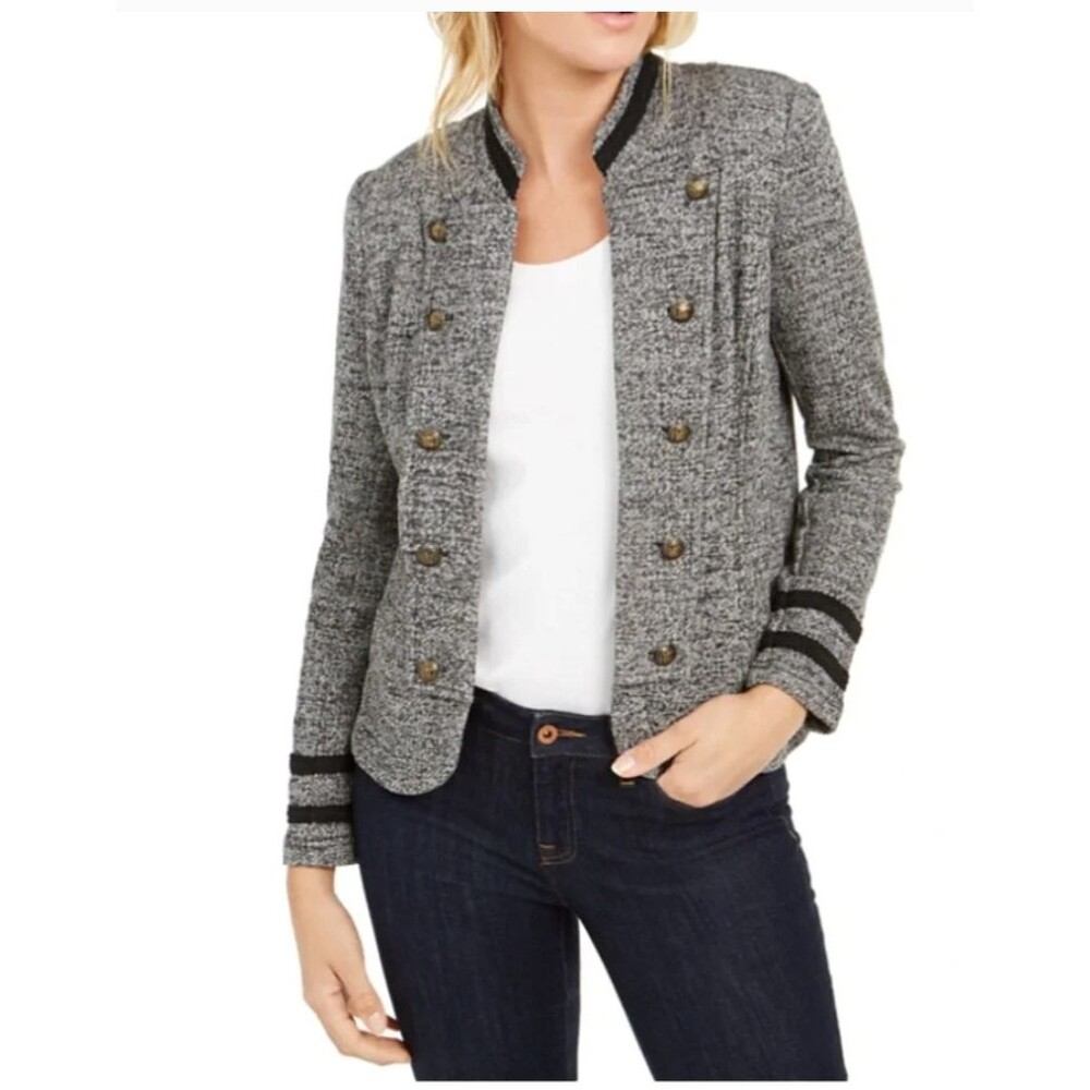 Tommy Hilfiger Military Band Jacket XXL Gray Marled Knit Gold Button Cadet 2XL
